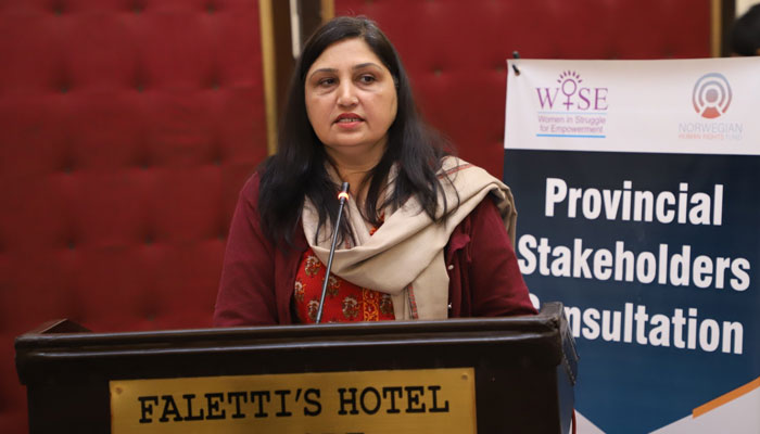 In this image released on Dec 27, 2023 shows NGO’s Executive Director Bushra Khaliq addressing an event. — Facebook/bushrakhaliq.pk