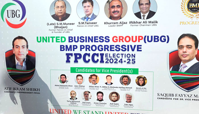 The image shows a poster of the United Business Group (UBG) showing their candidates for the FPCCI elections. — Facebook//ishtiaq.baig