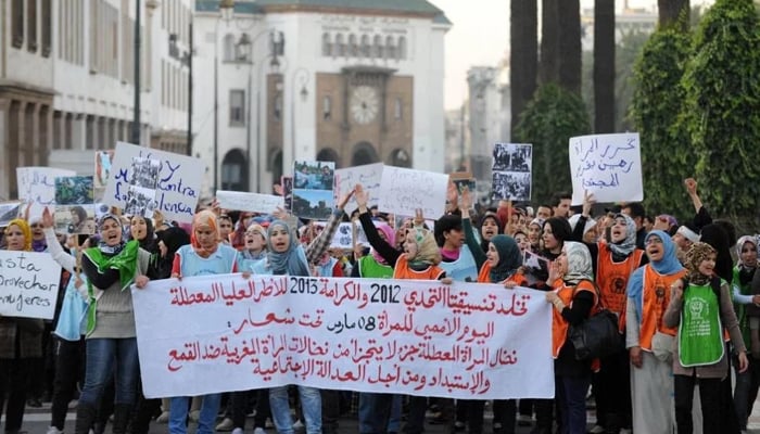 Moroccan women shout slogans as they take part in a rally marking International Womens Day. — AFP/File
