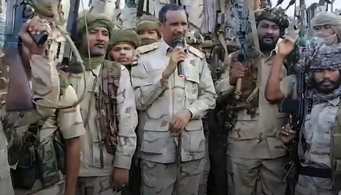 This still posted on July 28, 2023 shows commander Mohamed Hamdan Daglo addressing RSF fighters at an undisclosed location. — AFP