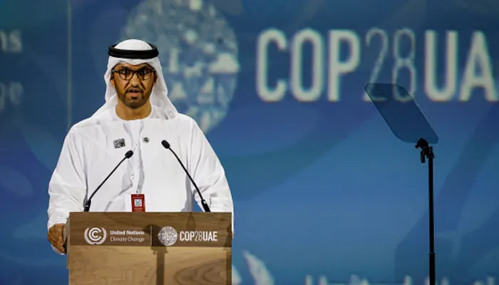 COP28 president Sultan Ahmed Al Jaber speaks during the Transforming Food Systems in the Face of Climate Change event on the sidelines of the COP28 climate summit at Dubai Expo on December 1, 2023.—AFP