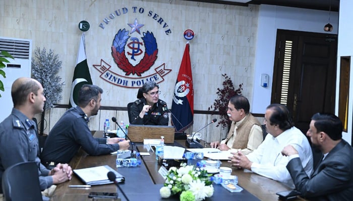 The Sindh police chief Riffat Mukhtar while chairing a meeting on December 22, 2023. — Facebook/Sindh Police