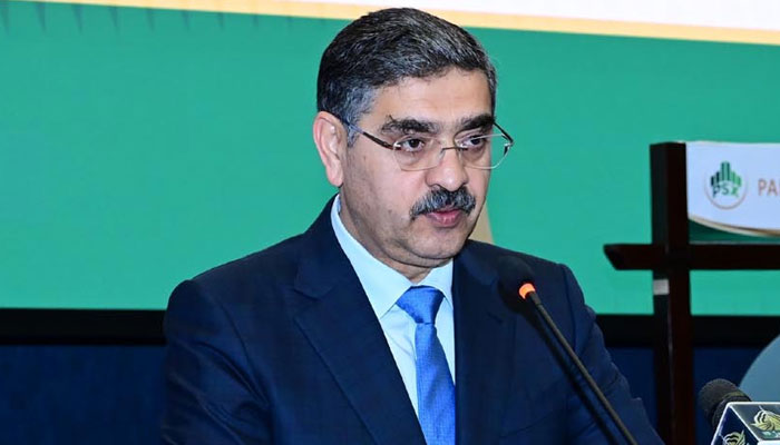 Caretaker Prime Minister Anwaar-ul-Haq Kakar speaks during an event on January 1, 2024. — PID