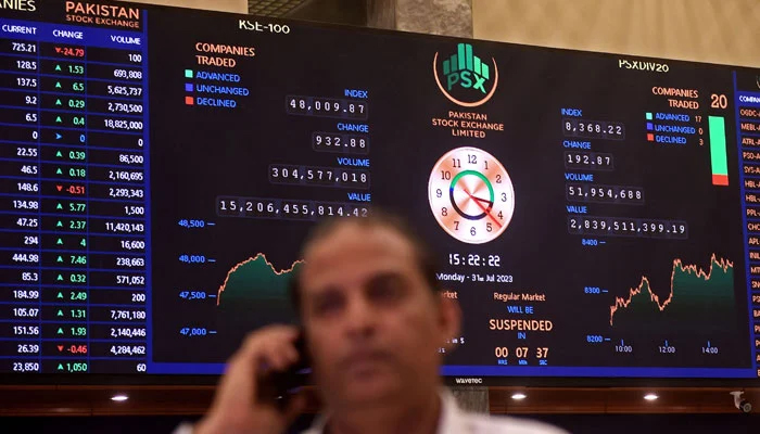 A stockbroker attends a call during a trading session at the Pakistan Stock Exchange (PSX) in Karachi on July 31, 2023. — AFP