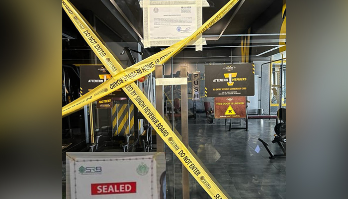 This image shows SRB sealed tape on the Fitness Gym located in Karachi on January 2, 2024. —Facebook/Sindh Revenue Board - SRB