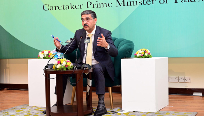Caretaker Prime Minister Anwaar-ul-Haq Kakar during an interaction with the students of the Beaconhouse National University on January 2, 2024. — PID