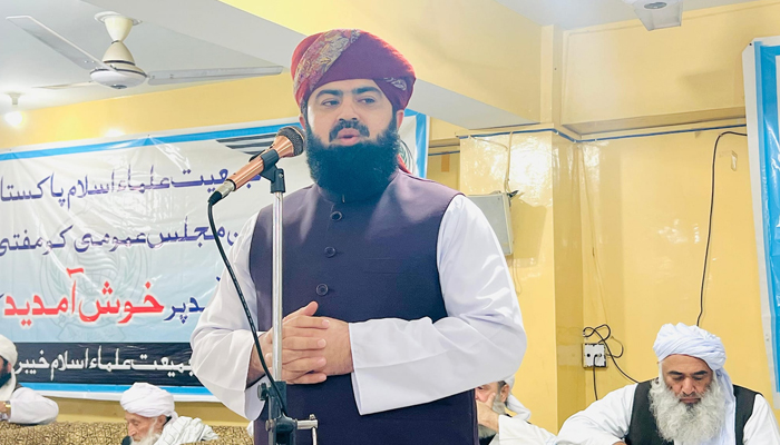 Former federal minister Maulana Asad Mahmood speaks during a gathering on November 18, 2023. — Facebook/Maulana Asad Mahmood