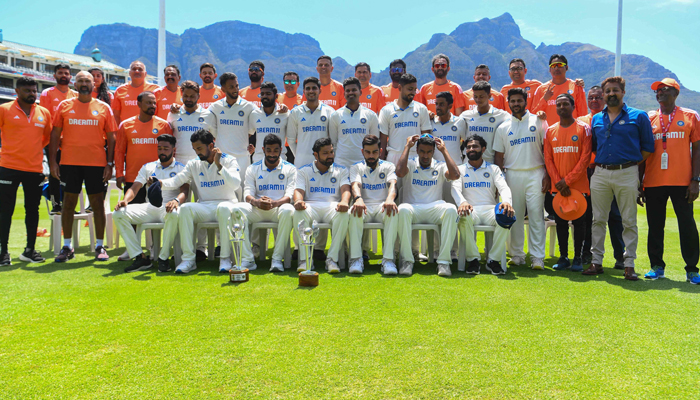 The India squad poses for a group photo at Newlands stadium in Cape Town on January 4, 2024. — AFP