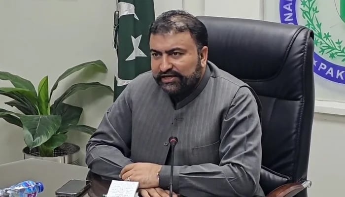 This still shows Caretaker Interior Minister Sarfraz Bugti speaking during a meeting on November 24, 2023. — X/@MOIofficialGoP