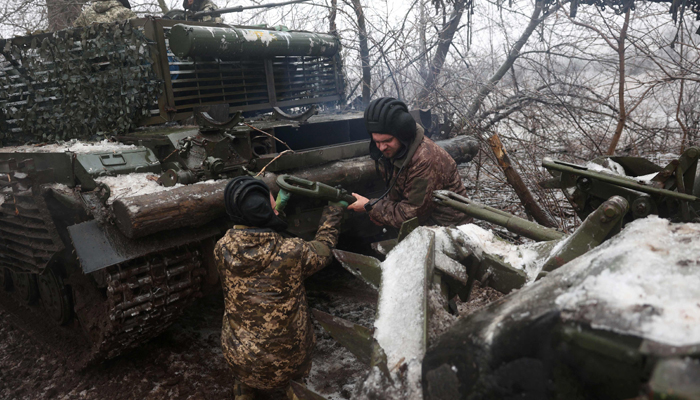Ukrainian tank crews take part in a military drill not far from the front line in the Bakhmut direction, in the Donetsk region, on December 15, 2023. — AFP