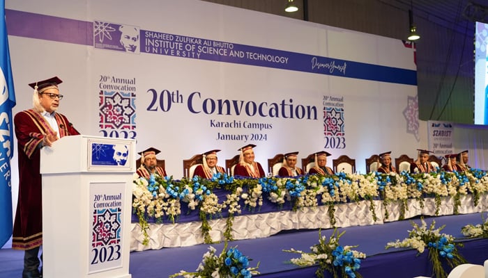 Sindh Caretaker Minister for Information, Minority Affairs, and Social Protection Muhammad Ahmad Shah addresses the 20th convocation of Shaheed Zulfikar Ali Bhutto Institute of Science and Technology (Szabist) on January 6, 2024. —Facebook/Mohammad Ahmed Shah