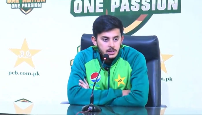 The screenshot shows Pakistan U19 captain Saad Baig at his s pre-departure press conference at Gaddafi Stadium, Lahore on Jan 6, 2024. —x/TheRealPCB