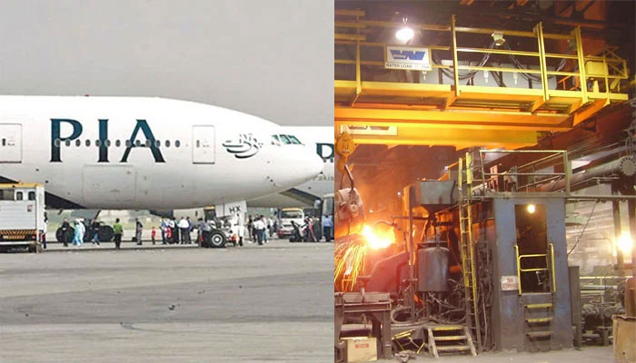 The image is a collage of photos of a PIA plane and the Pakistan Steel Mills. — APP