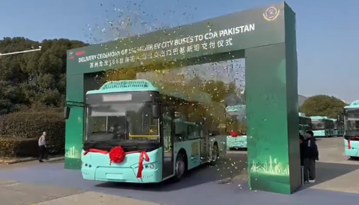 This screengrab shows the new 30-electric buses welcomed at the metro bus fleet in Islamabad on January 05, 2024.—Facebook/Capital Development Authority - CDA, Islamabad