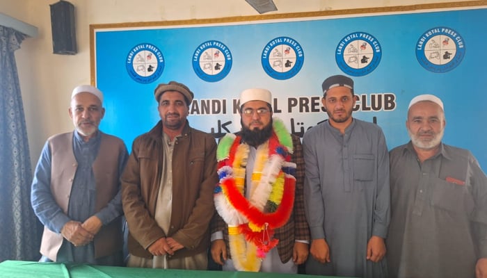 The newly elected president, Shah Rehman Shinwari (C) takes pose along with Other elected office-bearers at The Landikotal Press Club on January 7, 2024. — Facebook/Landikotal Press Club