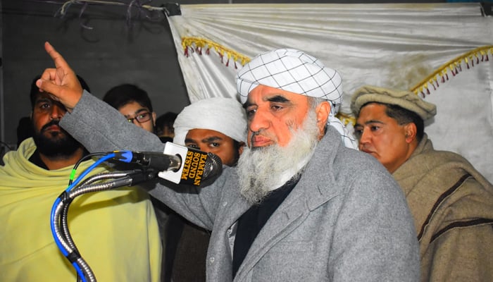 Maulana Fazal Ali, central naib amir of Jamiat Ulema-e-Islam-Fazal (JUIF) speaks during the electoral campaign in Swabi on January 8, 2024. — Facebook/Fazal Ali Haqqani