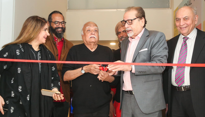 Sindh Caretaker Minister and President of Arts Council Muhammad Ahmed Shah (2nd R) cut the ribbon and inaugurated the Final-Year Thesis Show along with intellectual and humorist Anwar Maqsood (2nd L) at The Arts Council of Pakistan Karachi on January 8, 2024. — Facebook/Arts Council of Pakistan Karachi