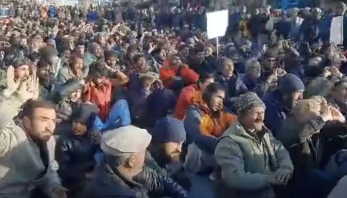 Thousands of citizens are seen protesting against a hike in wheat prices in Gilgit-Baltistan on Dec 28, 2023, in this still taken from a video. —YouTube/HDM-TV