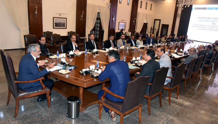 Caretaker Sindh Chief Minister Justice (R ) Maqbool Baqar presides over a meeting regarding the restoration of Chowkundi Graveyard at CM House on January 9, 2024. — Facebook/Sindh Chief Minister House