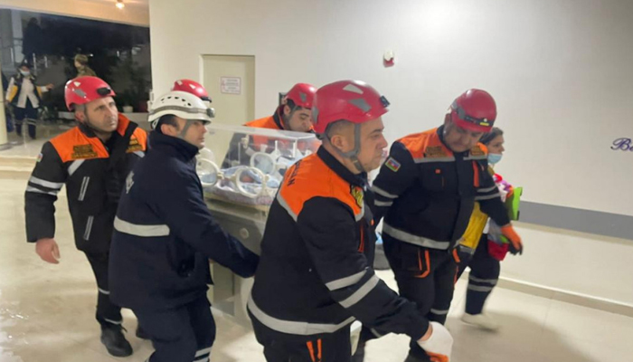 Rescue workers during the rescue operation at a maternity clinic in Azerbaijan on January 8, 2024. — APA