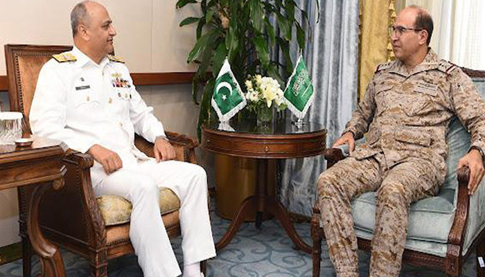 Vice Chief of the Naval Staff Vice Admiral Ovais Ahmed Bilgrami (L) while meeting the  Kingdom of Saudi Arabias top naval official during is KSA visit in this still on January 8, 2024. — X/@dgprPaknavy