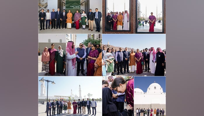 This combo of images shows the Indian government’s delegation led by Minority Affairs Minister Smriti Irani on a two-day official visit to Saudi Arabia on January 8, 2024. — X/@smritiirani