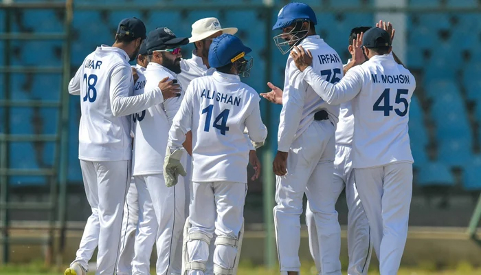 Players celebrate during the fifth round of the President’s Trophy 2023-24 Grade I in Karachi on January 9, 2024. — X/@TheRealPCB_Live