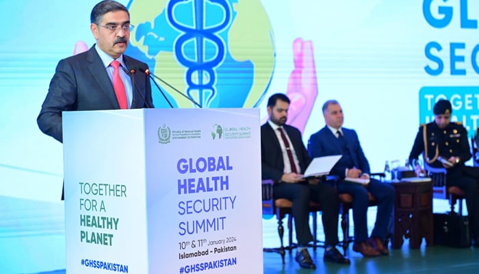 Caretaker Prime Minister Anwaar-ul-Haq Kakar while addressing the inaugural session of the first-ever two-day Global Health Security Summit 2024 in Islamabad on January 10, 2024. — PID