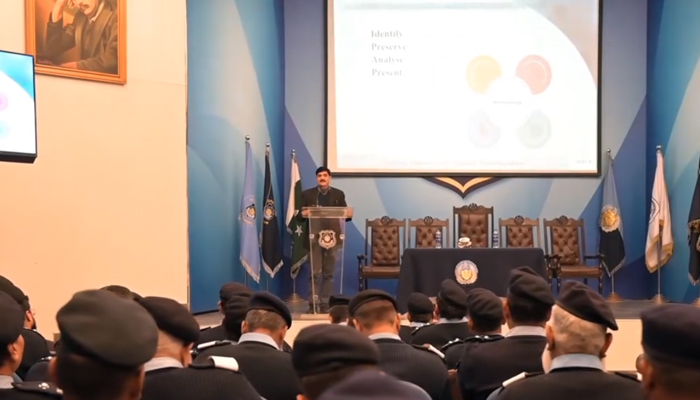 An official of Islamabad Police addressing the newly inaugurated Cybercrime Investigation Unit in this still on January 11, 2024. —Facebook/Islamabad Police