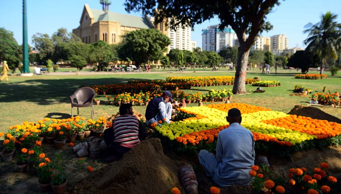 Gardeners takes care and arranging seasonal flowers and plants for beautification and growing in connection of 4th Marigold Flowers Festival, at Frere Hall in Karachi, January 11, 2024. — PPI