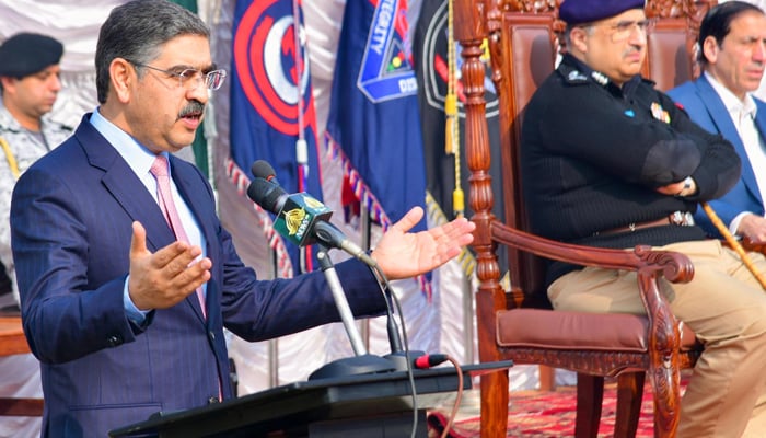 Caretaker Prime Minister Anwaar–ul-Haq Kakar while addressing Police Darbar in Peshawar on January 11, 2024.  — PID