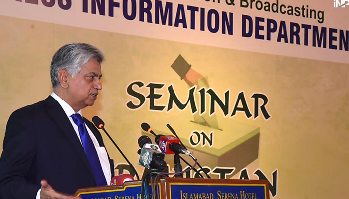 Caretaker Minister for Information and Broadcasting, Murtaza Solangi addresses a seminar Pakistan election 2024: The Economic Reform Agenda of Political Parties in Islamabad on January 11, 2024. — INP