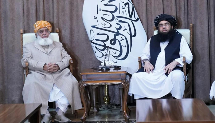 JUI-F chief Maulana Fazlur Rehman while meeting with Maulvi Abdul Kabir, Political Deputy of the Prime Ministers Office of the interim Afghanistan government on January 7, 2024. — X/@ARG_1880