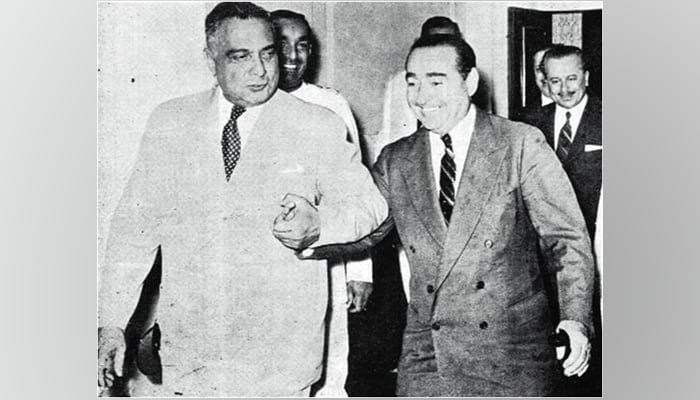 Pakistans first president Major General (r) Iskander Mirza (L) while speaking with the Turkish Prime Minister Adnan Menderes. — Facebook/Photo Archives of Pakistan
