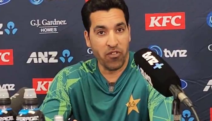 The screenshot shows Pakistan team’s bowling coach Umar Gul addressing a press briefing on january 12, 2024. — x/TheRealPCB