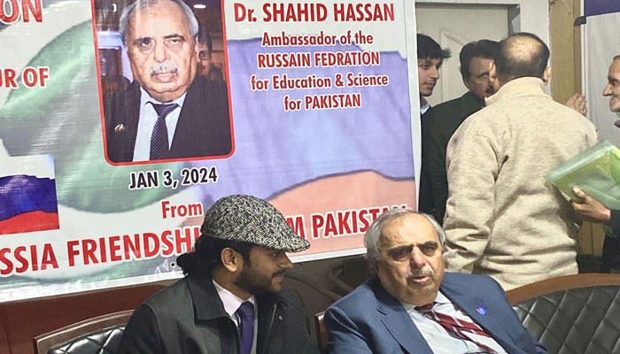 The image released on Jan 5, 2024 shows a reception in Lahore to honor Dr. Shahid Hasan, who has recently been appointed as the Ambassador of the Russian Federation in Education and Science for Pakistan. — Facebook/World Youth Festival 2024 in Russia