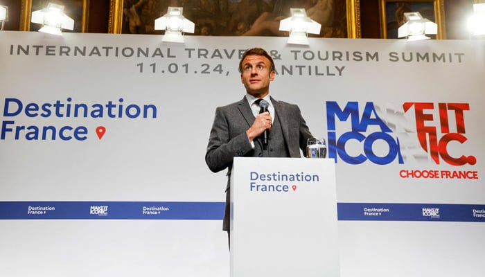 Frances President Emmanuel Macron delivers a speech on France´s tourism attractions during the Destination France event in the Castle of Chantilly, north of Paris on January 11, 2024. — AFP