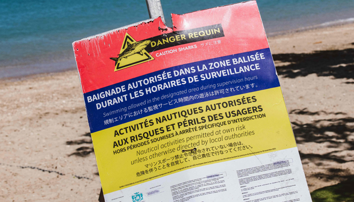 Signage notifies of the danger of shark attacks and indicates the presence of a secured perimeter for supervised swimming, at a beach along the Baie des Citrons bay in Noumea, New Caledonia, December 6, 2023. — AFP