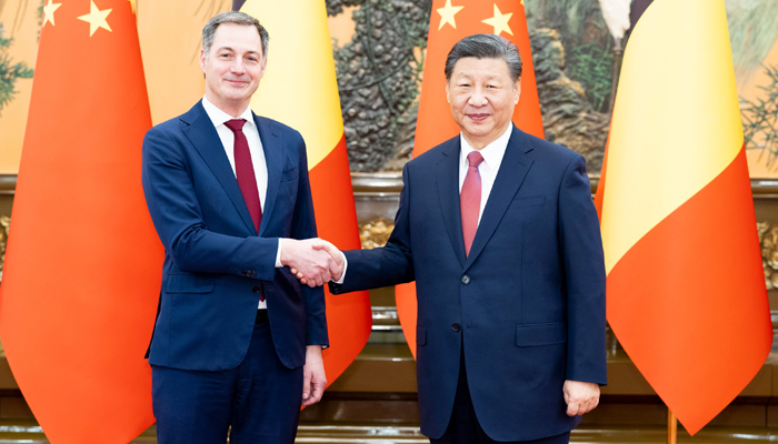 Chinese President Xi Jinping meets with  Belgian Prime Minister Alexander De Croo (L) in Beijing on January 12, 2024. — X/@SpokespersonCHN