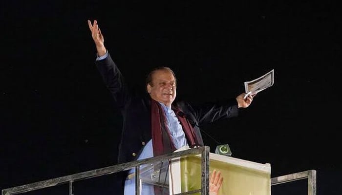 Pakistan Muslim League Nawaz (PMLN) supremo Nawaz Sharif gestures in this image after his return to Pakistan on October 21, 2023. — Facebook/PML(N)