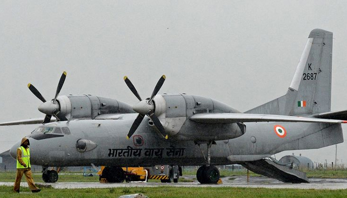 An Indian Air Force Antonov An-32 transport aircraft is pictured as rain falls at an air force base in Srinagar. — AFP/File