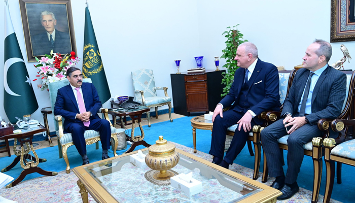 Caretaker Prime Minister Anwaar-ul-Haq Kakar while meeting with the Ambassador of Italy to Pakistan Andreas Ferrarese on January 12, 2024. — X/@GovtofPakistan