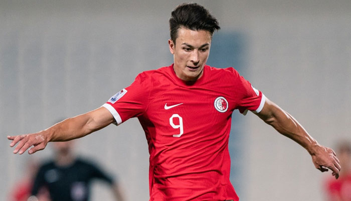 Hong Kong forward Matt Orr in action during his side’s friendly against Saudi Arabia at Al Janoub Stadium in Qatar. — HKFA