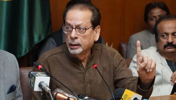 The Sindh Caretaker Information, Social Protection and Minorities Affairs Minister Muhammad Ahmed Shah gestures as he speaks during a press conference on December 13, 2023. — Facebook/Mohammad Ahmed Shah