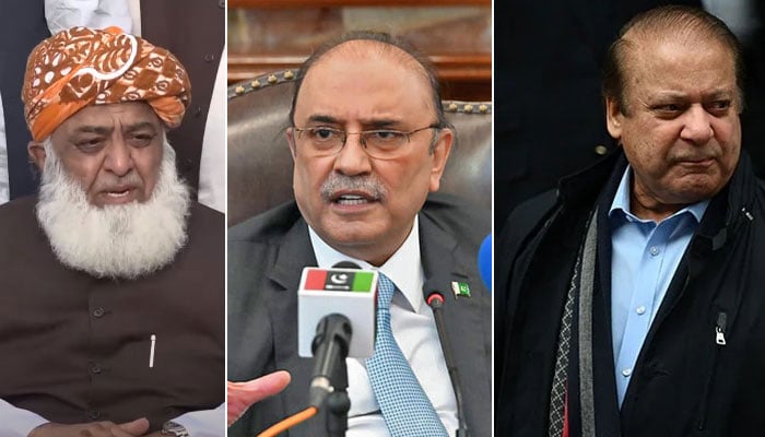Maulana Fazlur Rehman (left), Asif Ali Zardari (centre) and Nawaz Sharif. —PPP Twitter/ AFP