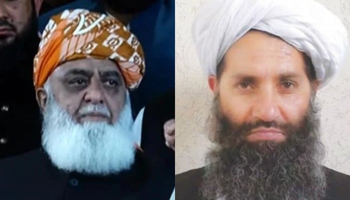 JUI-F chief Maulana Fazlur Rehman (left) and Mulla Haibatullah Akhunzada — YouTube/Geo News/AFP/File