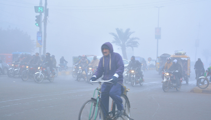 A view of the dense foggy weather in Faisalabad on January 13, 2024. — Online