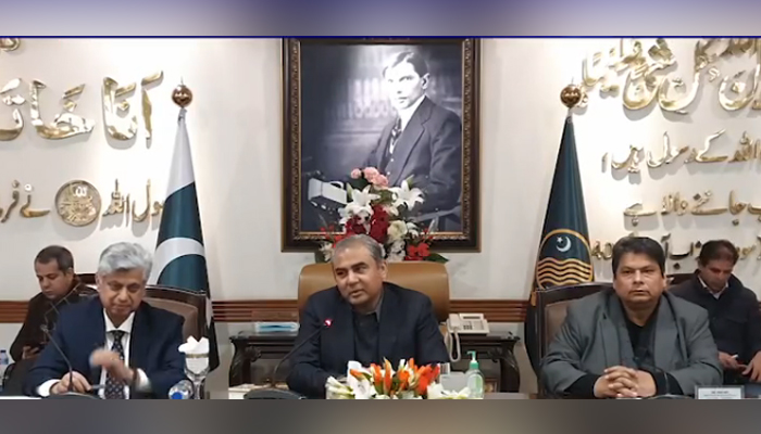 Caretaker CM Mohsin Naqvi (C) speaks during a special ceremony  along with Federal Minister for Information Murtaza Solangi (L)  and Provincial Minister for Information Amir Mir (R) at the CM’s Office on January 14, 2024. —Facebook/Govt of Punjab