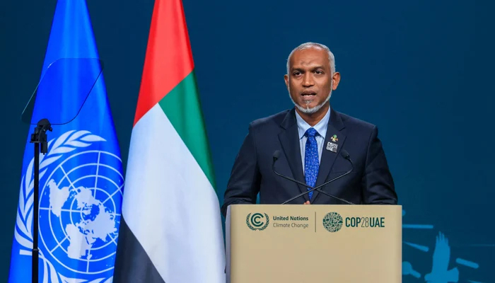 Maldives´ President Mohamed Muizzu speaks during the High-Level Segment for Heads of State and Government session at the UN climate summit in Dubai on December 1, 2023. — AFP