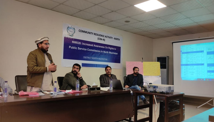 A person speaks during a workshop arranged by the Community Resilience Activity North on December 20, 2023, in Peshawar. — Facebook/RTS Commission NWTD